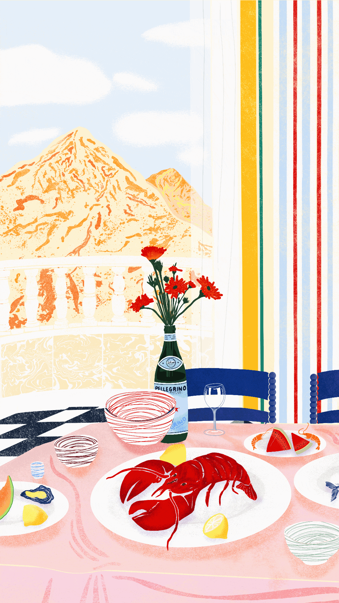 Still life of a lobster lunch in the Italian mountains