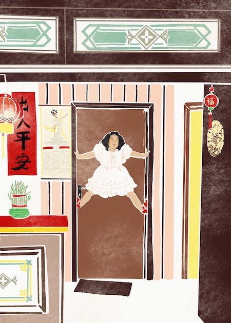 Illustration of a little girl in white dress is climbing up a door frame in a Chinese restaurant