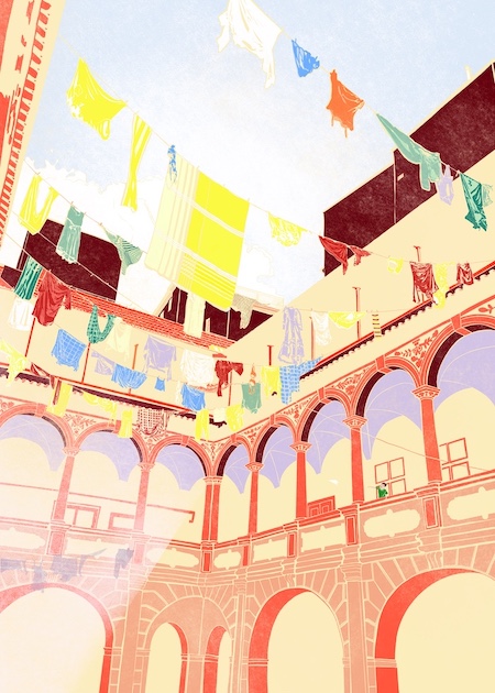 Digital illustration of a colourful backyard view with laundry swaying up in the air in Prague