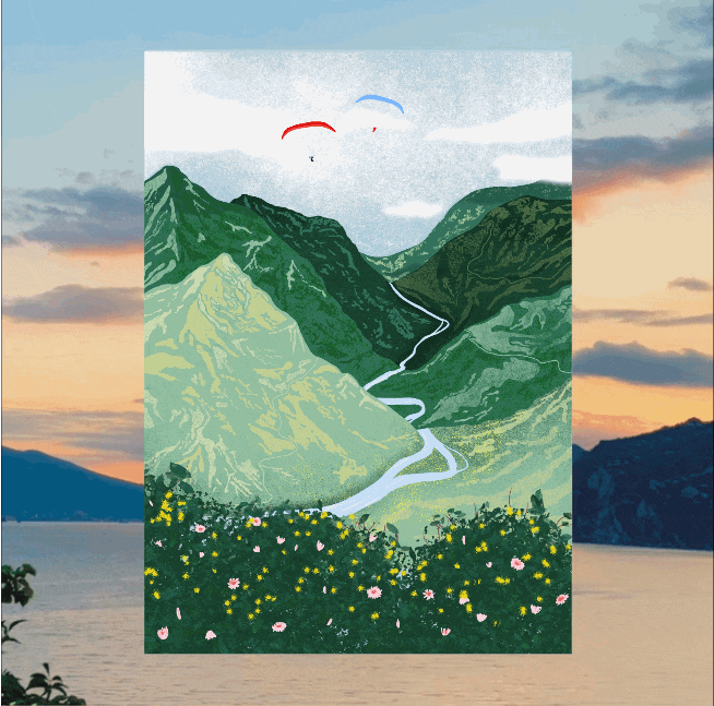 Animated gif of Paragliders flying through mountains at Malcesine