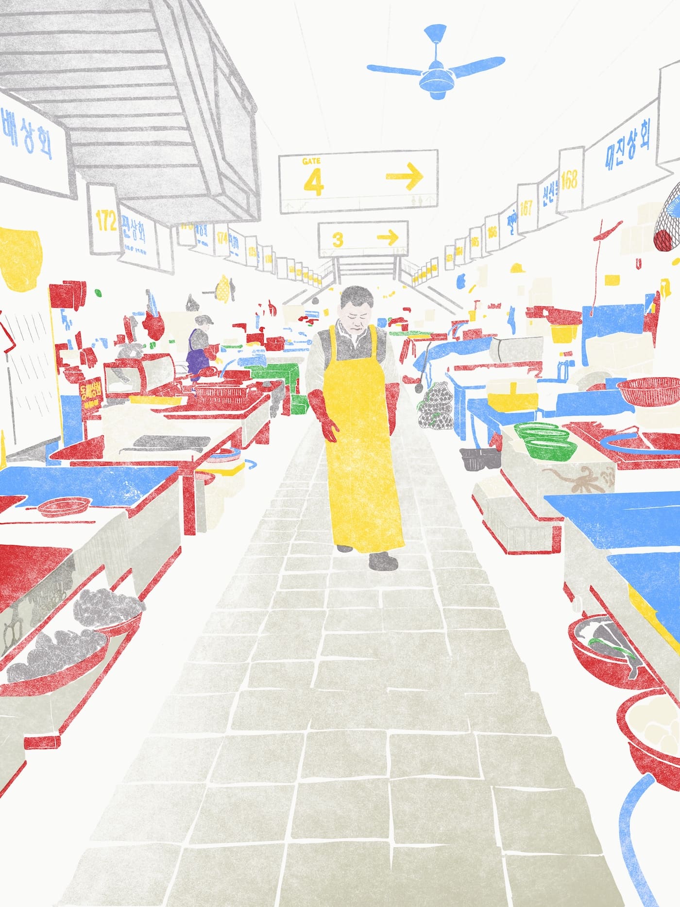 Digital illustration of the fish market in Busan