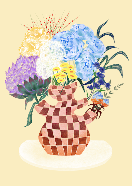 Illustration of a checkerboard vessel with flowers