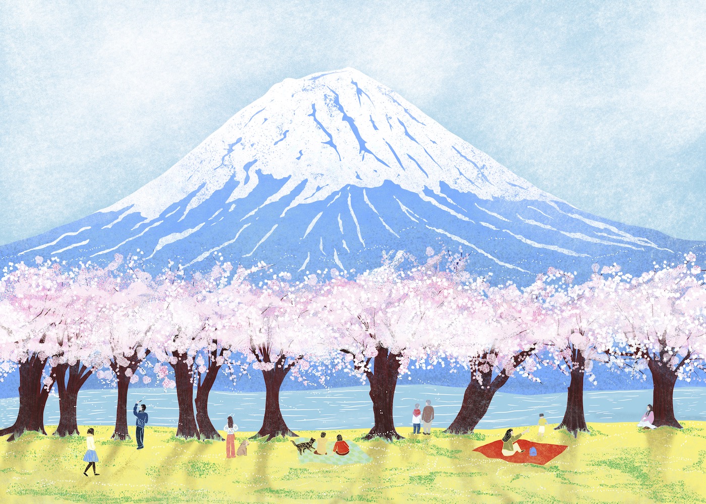 Digital illustration of cherry trees blossoming in front of Mount Fuji, Japan