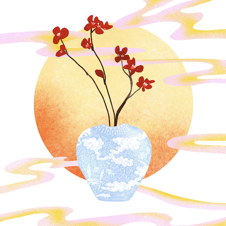 Illustration of a light blue crane patterned vase with red orchid flowers