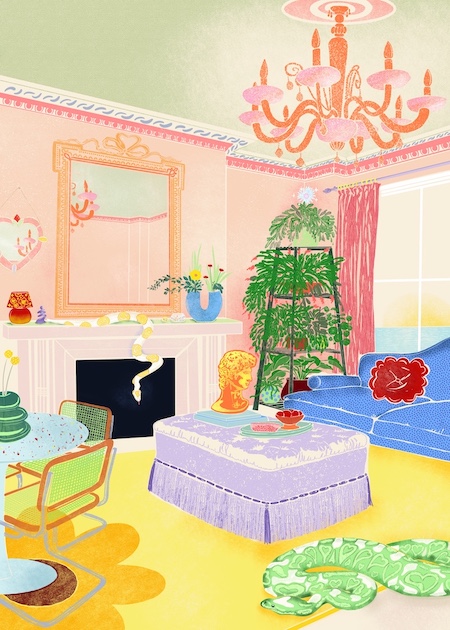 Illustration of a colourful living room with two exotic snakes